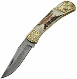 Damascus Stag Engraved Bolster -Kershaw Sale damascus stag engraved bolster